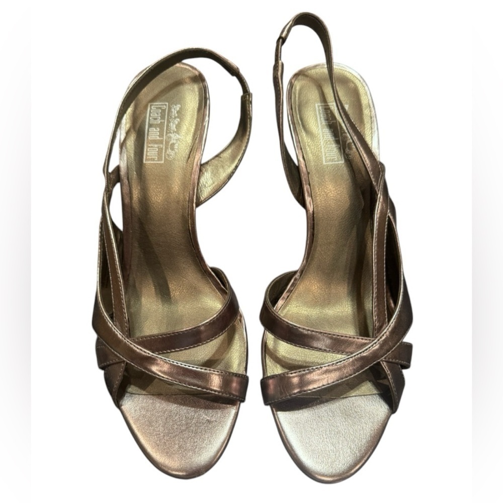 Coach And Four Principe Pewter Bronze Strappy Shoes Heels 3.5 In Heel Sz 7.5